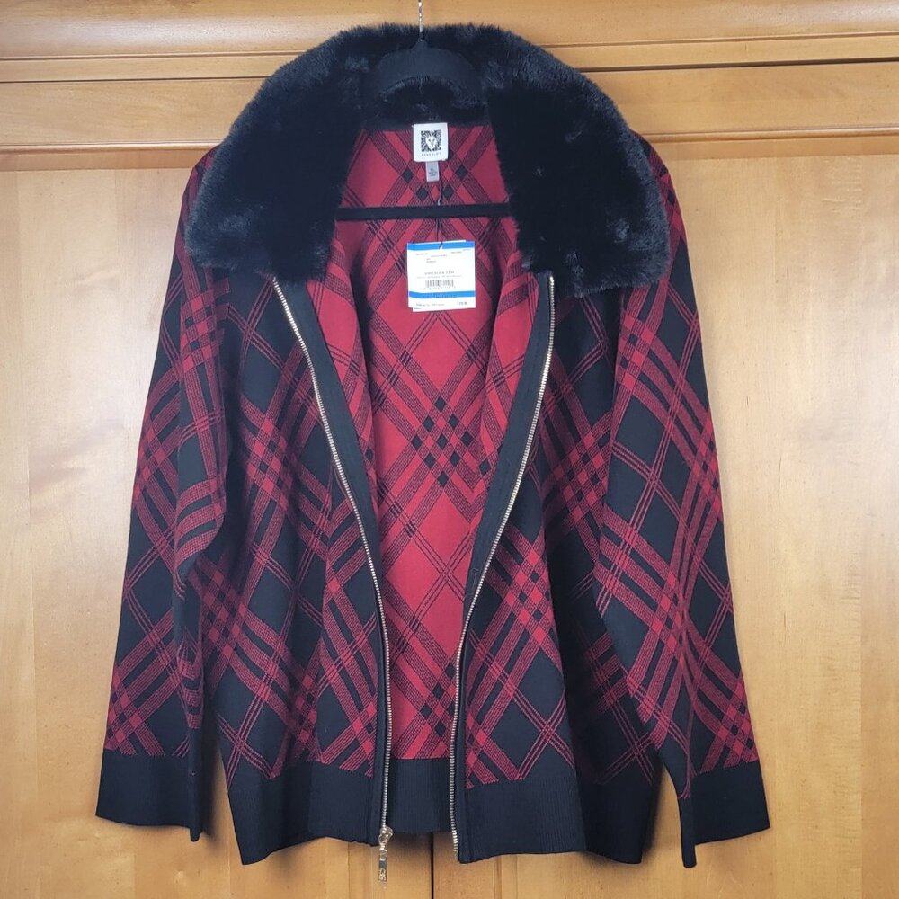NWT Anne Klein Black & Red Full Zip Sweater Removable Faux Fur Collar - XL - Picture 2 of 15